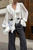 Ruffled V-Neck Long-Sleeve Tie-Waist French Blouse image 3
