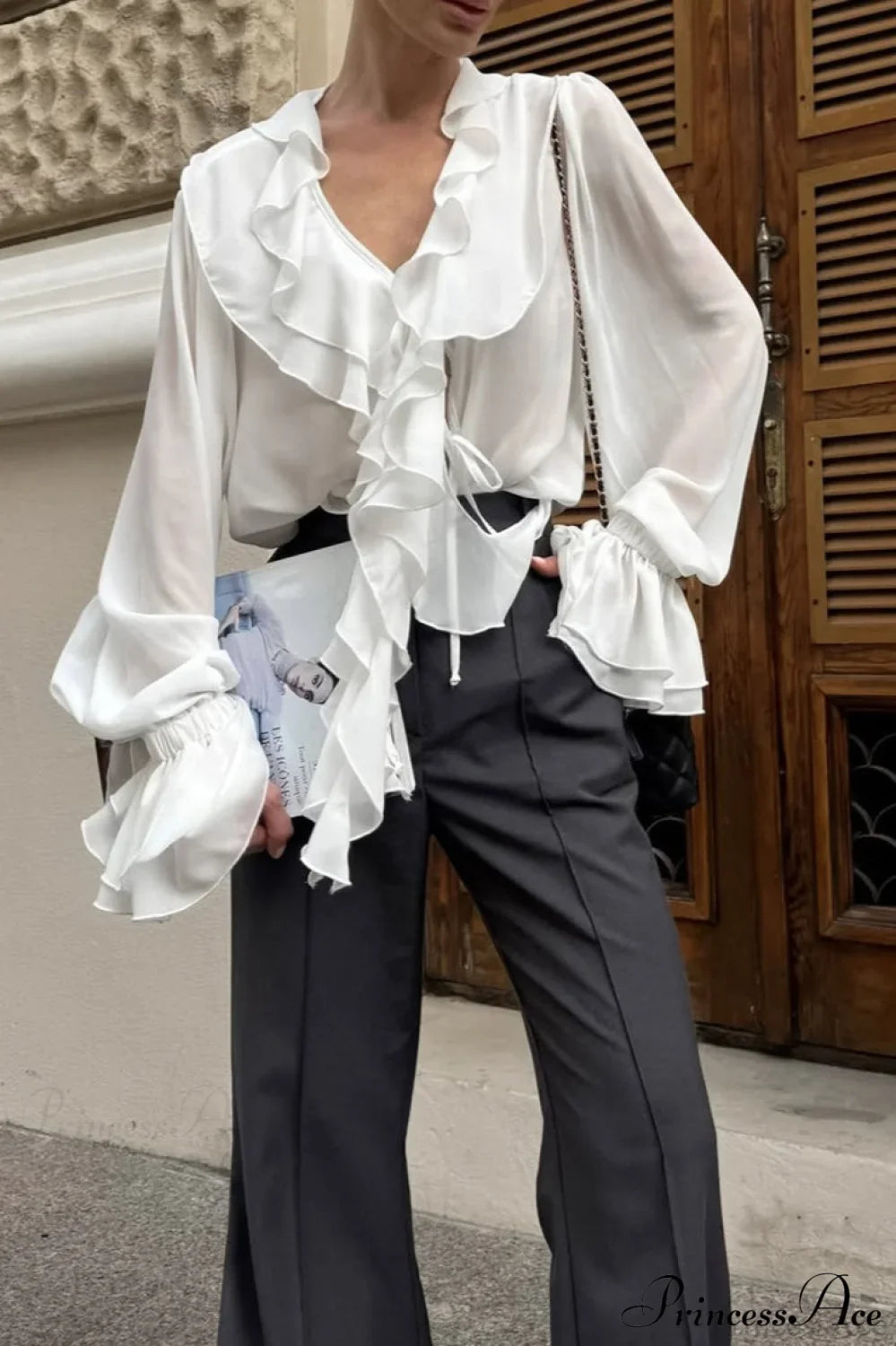 Ruffled V-Neck Long-Sleeve Tie-Waist French Blouse image 3