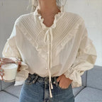 Ruffled Vintage Solid Long Sleeve Bow Blouse image 1
