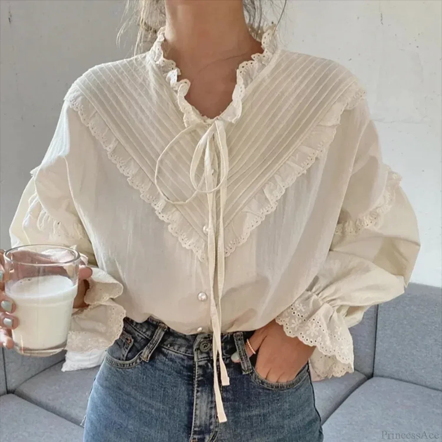 Ruffled Vintage Solid Long Sleeve Bow Blouse image 1