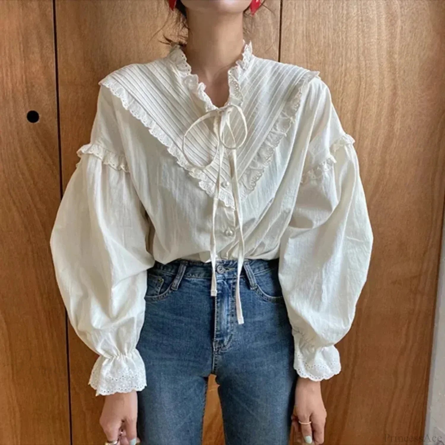 Ruffled Vintage Solid Long Sleeve Bow Blouse image 3