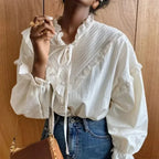 Ruffled Vintage Solid Long Sleeve Bow Blouse image 5