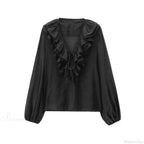 Ruffles Deep V-Neck Lace-Up Loose Oversize Boho Blouse image 5