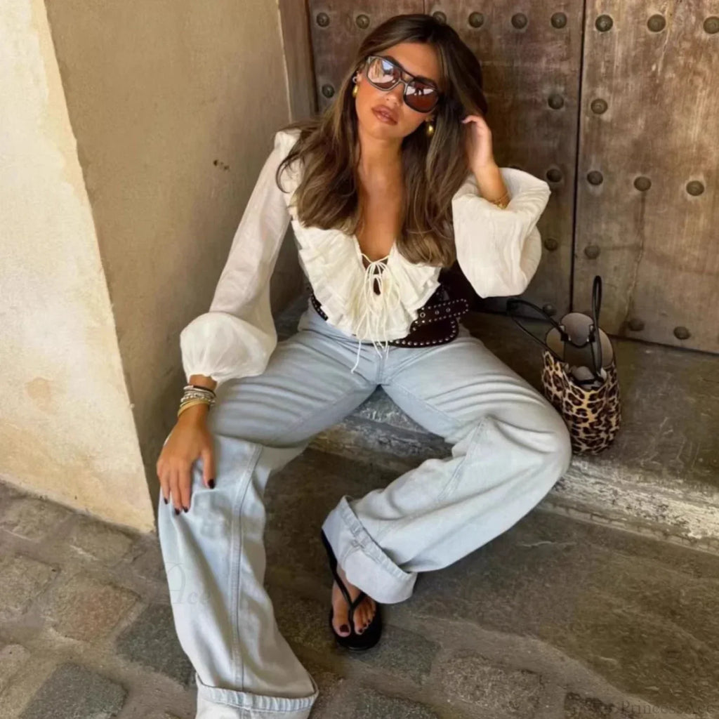 Ruffles Deep V-Neck Lace-Up Loose Oversize Boho Blouse image 2