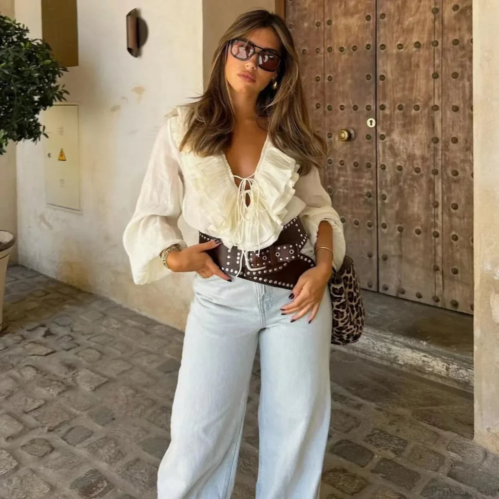 Ruffles Deep V-Neck Lace-Up Loose Oversize Boho Blouse image 3