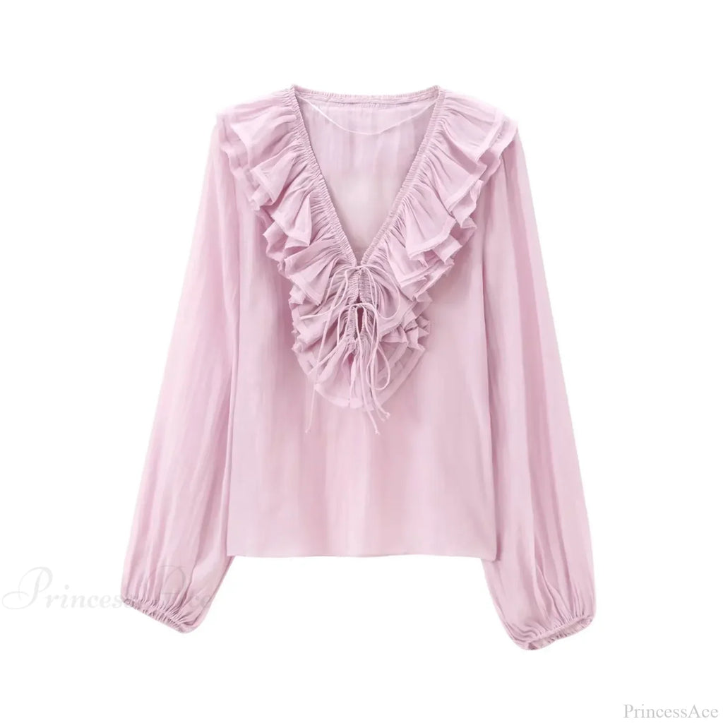 Ruffles Deep V-Neck Lace-Up Loose Oversize Boho Blouse image 4