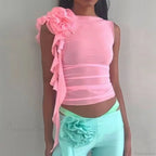 Ruffles Floral Mesh Sheer Chic Elegant See Through Slim Crop Top image 1