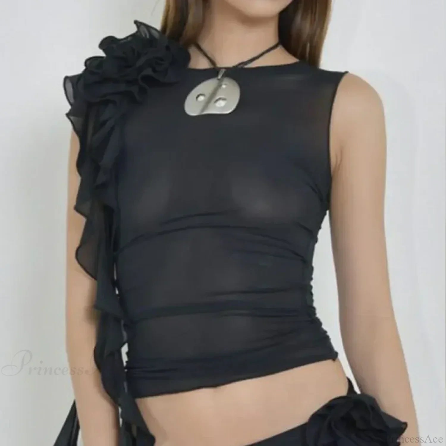 Ruffles Floral Mesh Sheer Chic Elegant See Through Slim Crop Top image 2