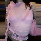 Ruffles Floral Mesh Sheer Chic Elegant See Through Slim Crop Top image 5
