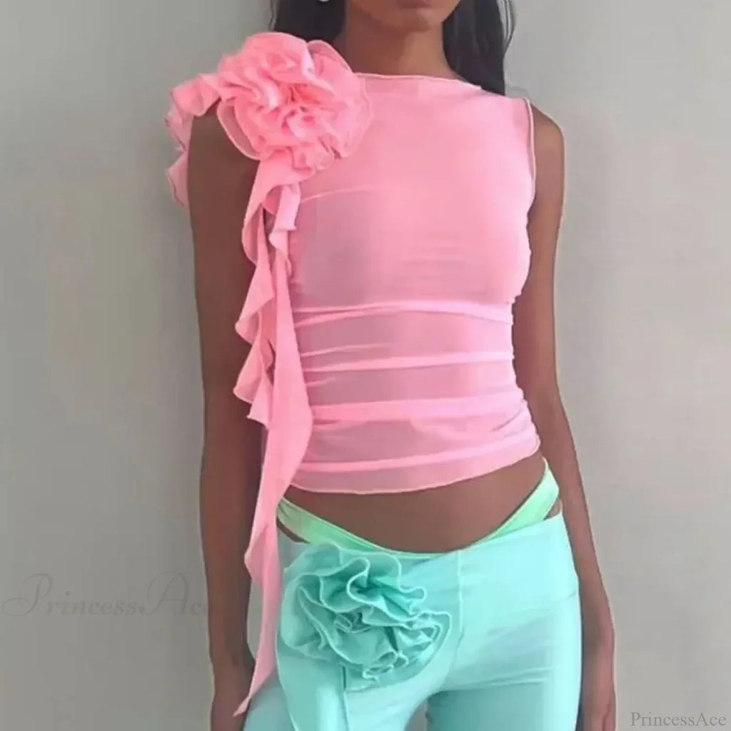 Ruffles Floral Mesh Sheer Chic Elegant See Through Slim Crop Top image 9
