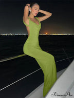 Ruffles Green Straps Backless Elegant Bodycon Evening Maxi Dress image 2