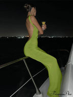 Ruffles Green Straps Backless Elegant Bodycon Evening Maxi Dress image 3