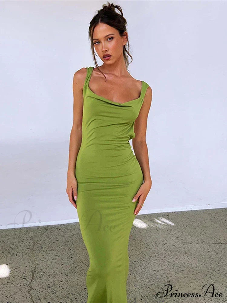 Ruffles Green Straps Backless Elegant Bodycon Evening Maxi Dress image 5