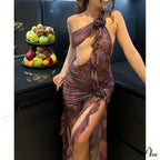 Ruffles Print One Shoulder Hollow Out Mini Backless Sleeveless Flower Matching Ruched Party Women's Midi Dress image 1