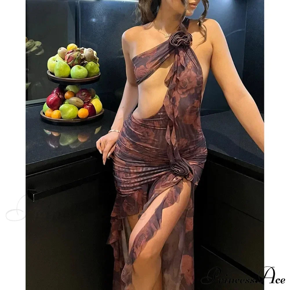Ruffles Print One Shoulder Hollow Out Mini Backless Sleeveless Flower Matching Ruched Party Women's Midi Dress image 1