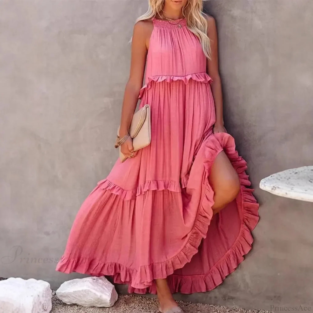 Ruffles Sexy Split Halter Sleeveless Big Hem Maxi Boho Dress image 2