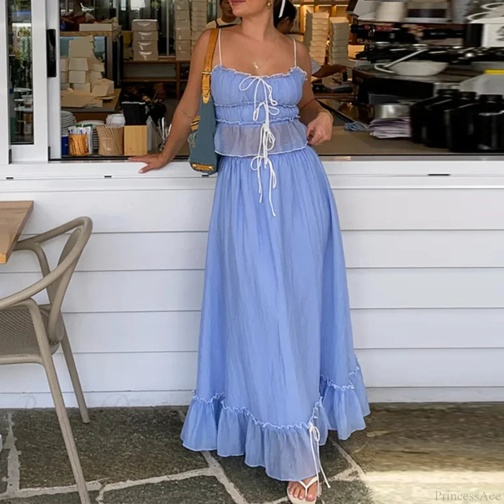Ruffles Tie-Up Crop Top A-line Maxi Skirt Two Pieces Set image 5