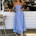 Ruffles Tie-Up Crop Top A-line Maxi Skirt Two Pieces Set image 5