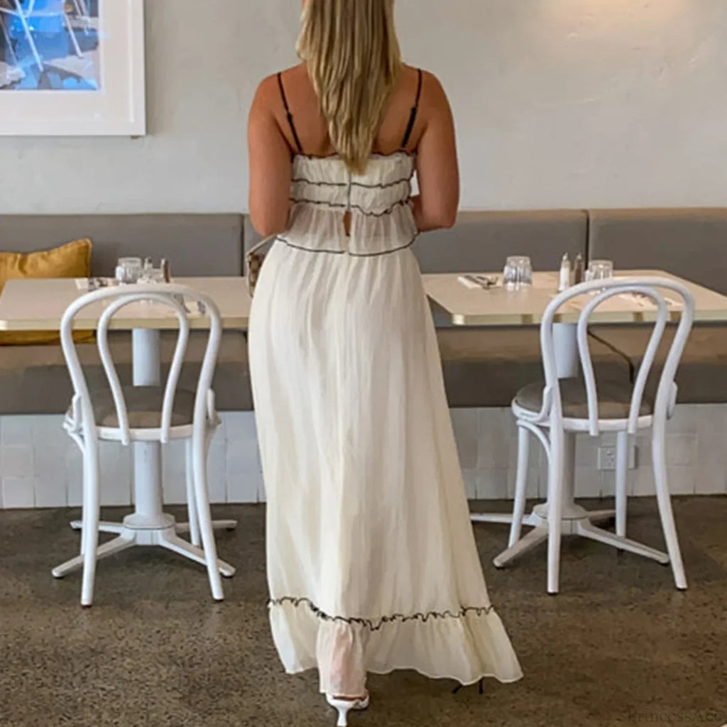 Ruffles Tie-Up Crop Top A-line Maxi Skirt Two Pieces Set image 3