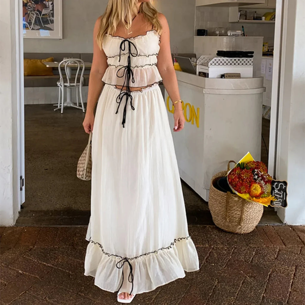 Ruffles Tie-Up Crop Top A-line Maxi Skirt Two Pieces Set image 7