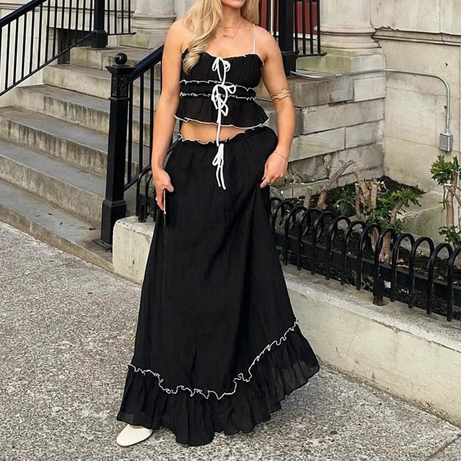 Ruffles Tie-Up Front Camis Crop Top Maxi Skirt Two Pieces Set image 6