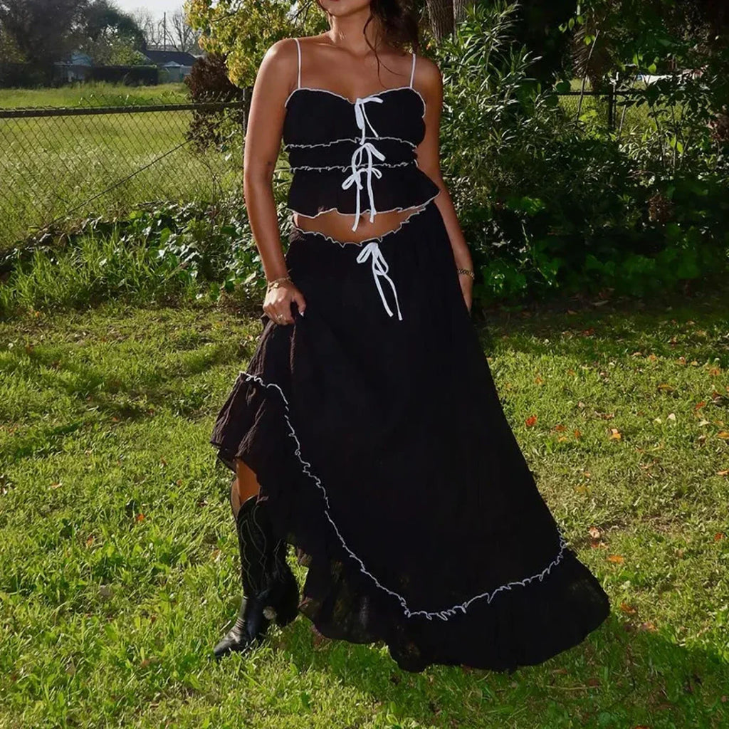 Ruffles Tie-Up Front Camis Crop Top Maxi Skirt Two Pieces Set image 5
