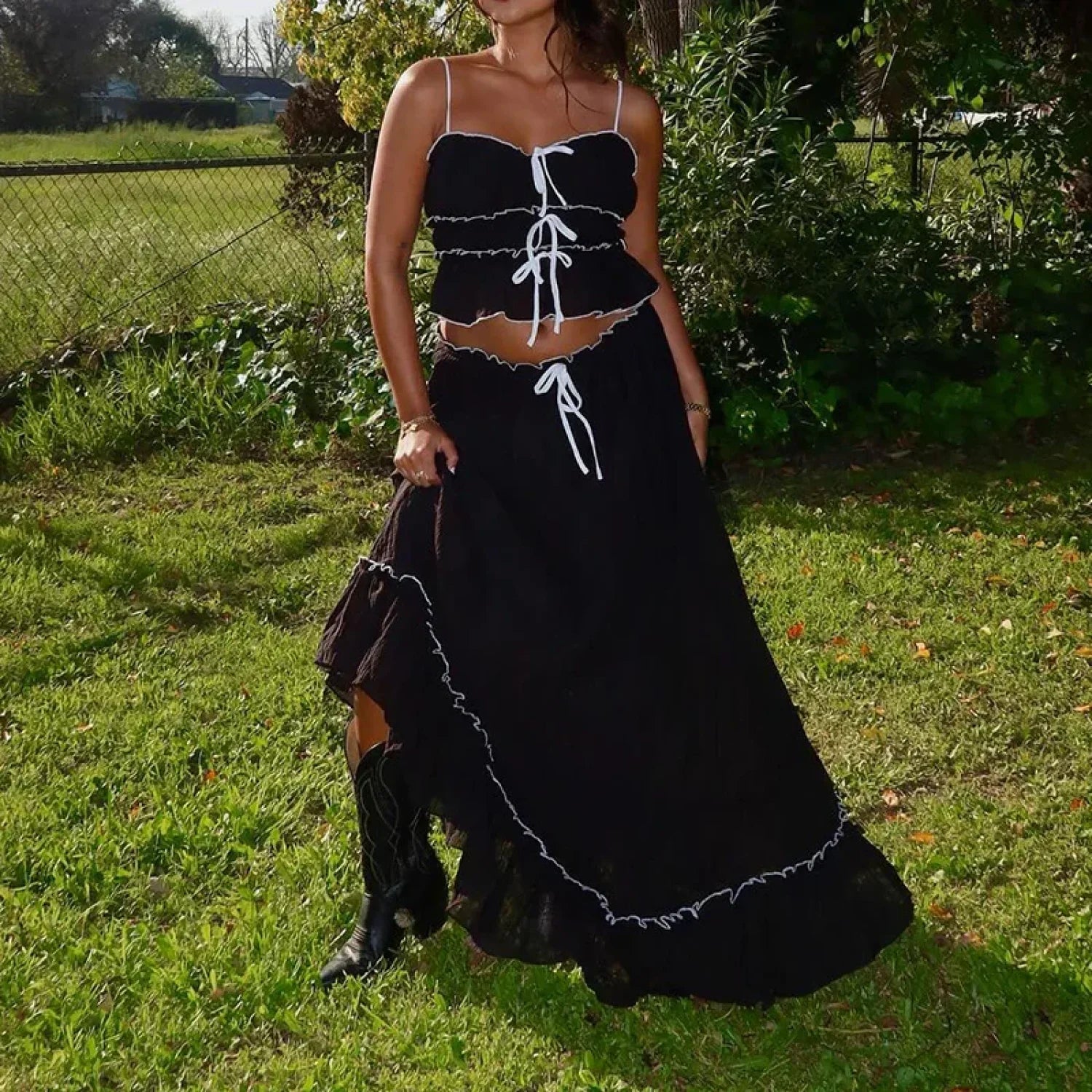 Ruffles Tie-Up Front Camis Crop Top Maxi Skirt Two Pieces Set image 5