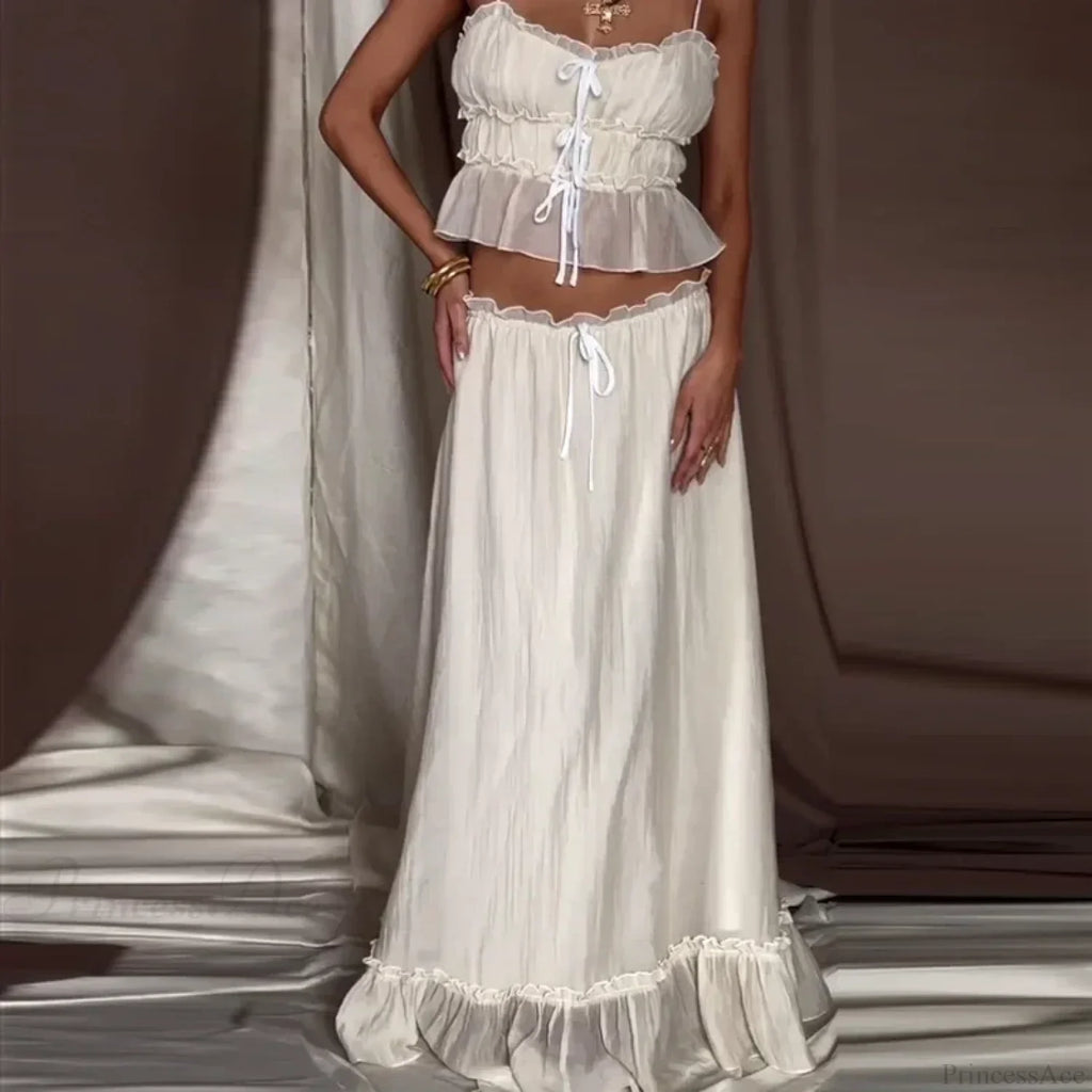 Ruffles Tie-Up Front Camis Crop Top Maxi Skirt Two Pieces Set image 2