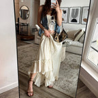 Ruffles Tie-Up Front Camis Crop Top Maxi Skirt Two Pieces Set image 3