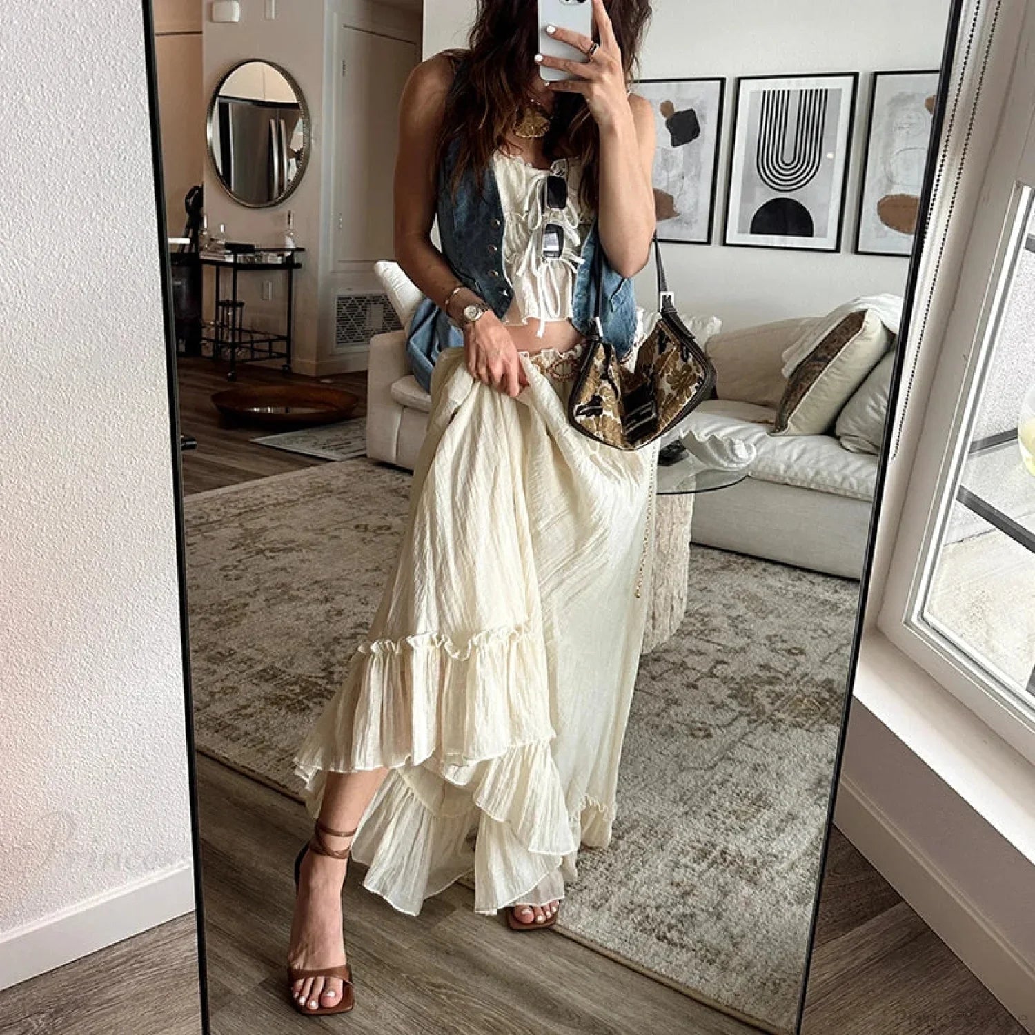 Ruffles Tie-Up Front Camis Crop Top Maxi Skirt Two Pieces Set image 3