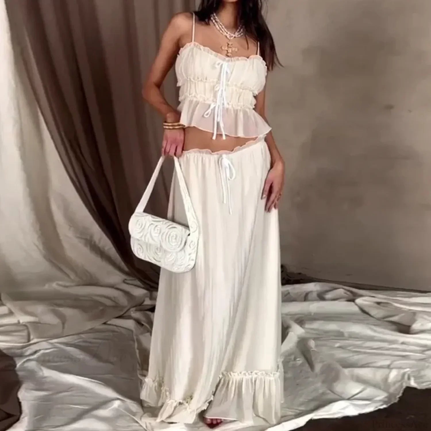 Ruffles Tie-Up Front Camis Crop Top Maxi Skirt Two Pieces Set image 1