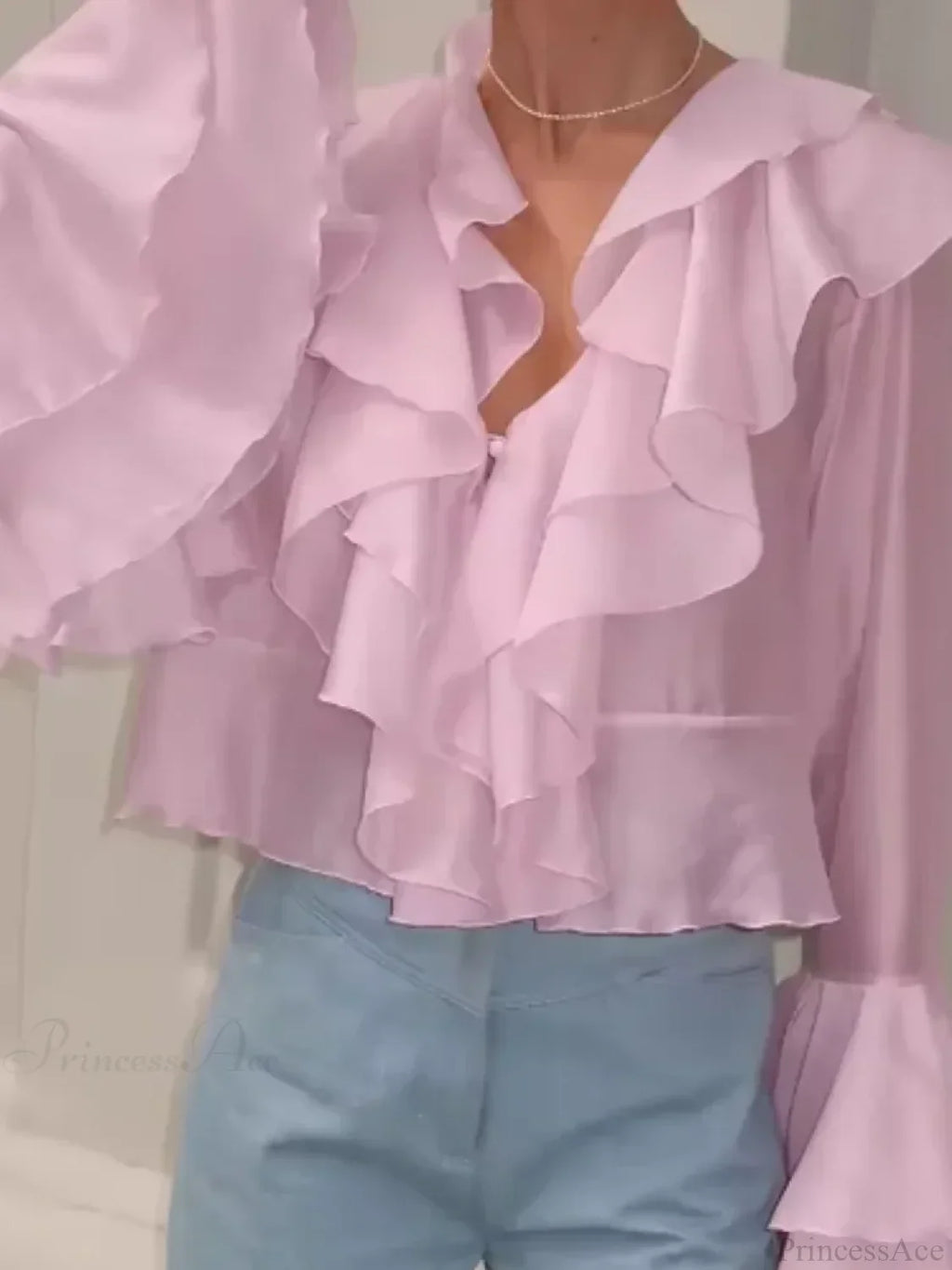 Ruffles V Neck Pink Chiffon Blouse image 4