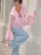 Ruffles V Neck Pink Chiffon Blouse image 2