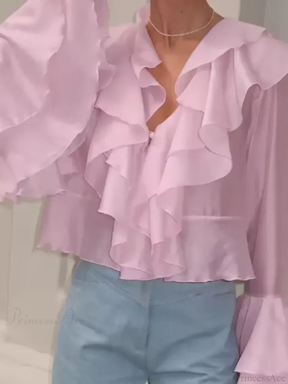 Ruffles V Neck Pink Chiffon Blouse image 5