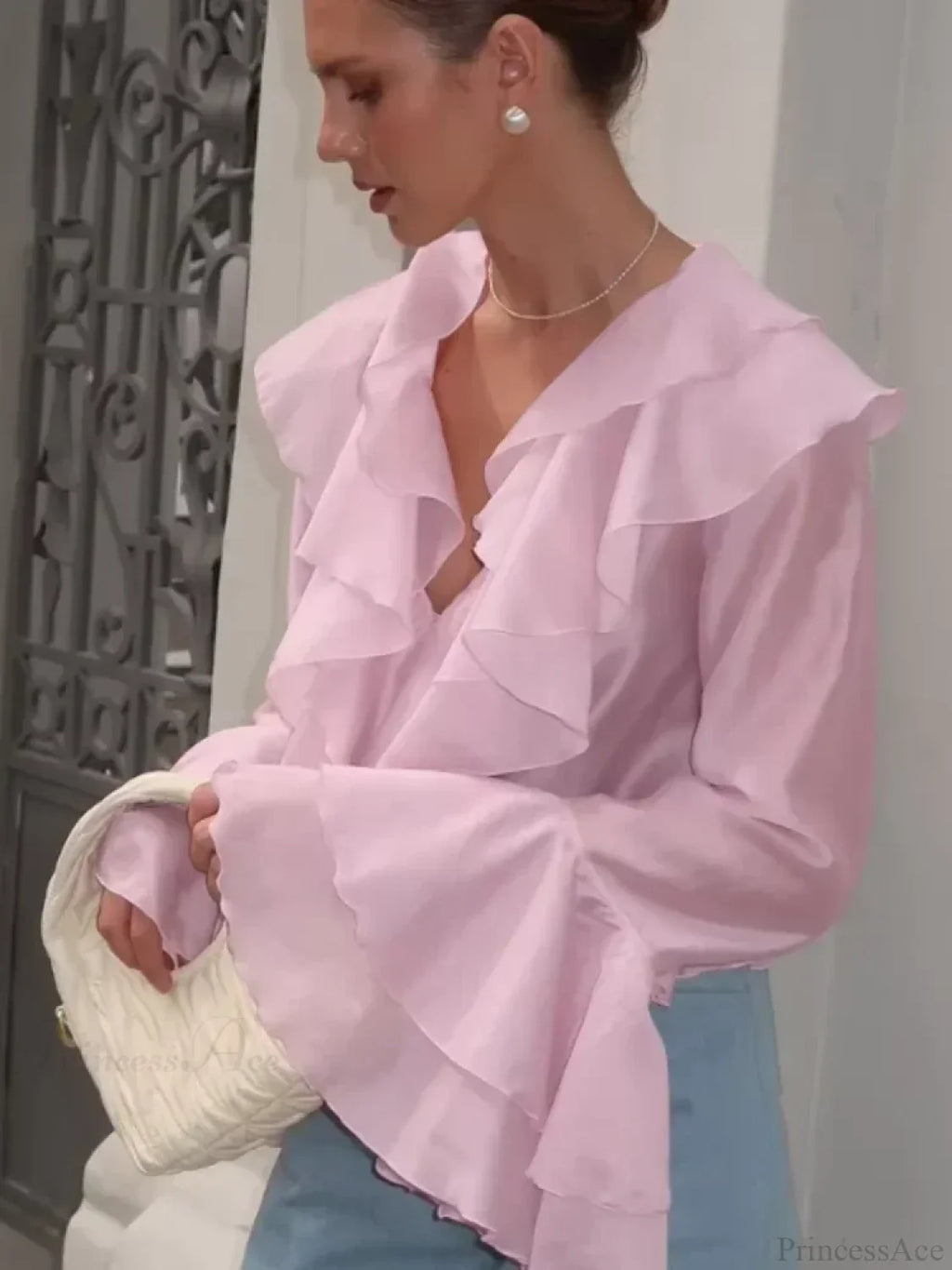 Ruffles V Neck Pink Chiffon Blouse image 3