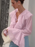 Ruffles V Neck Pink Chiffon Blouse image 3