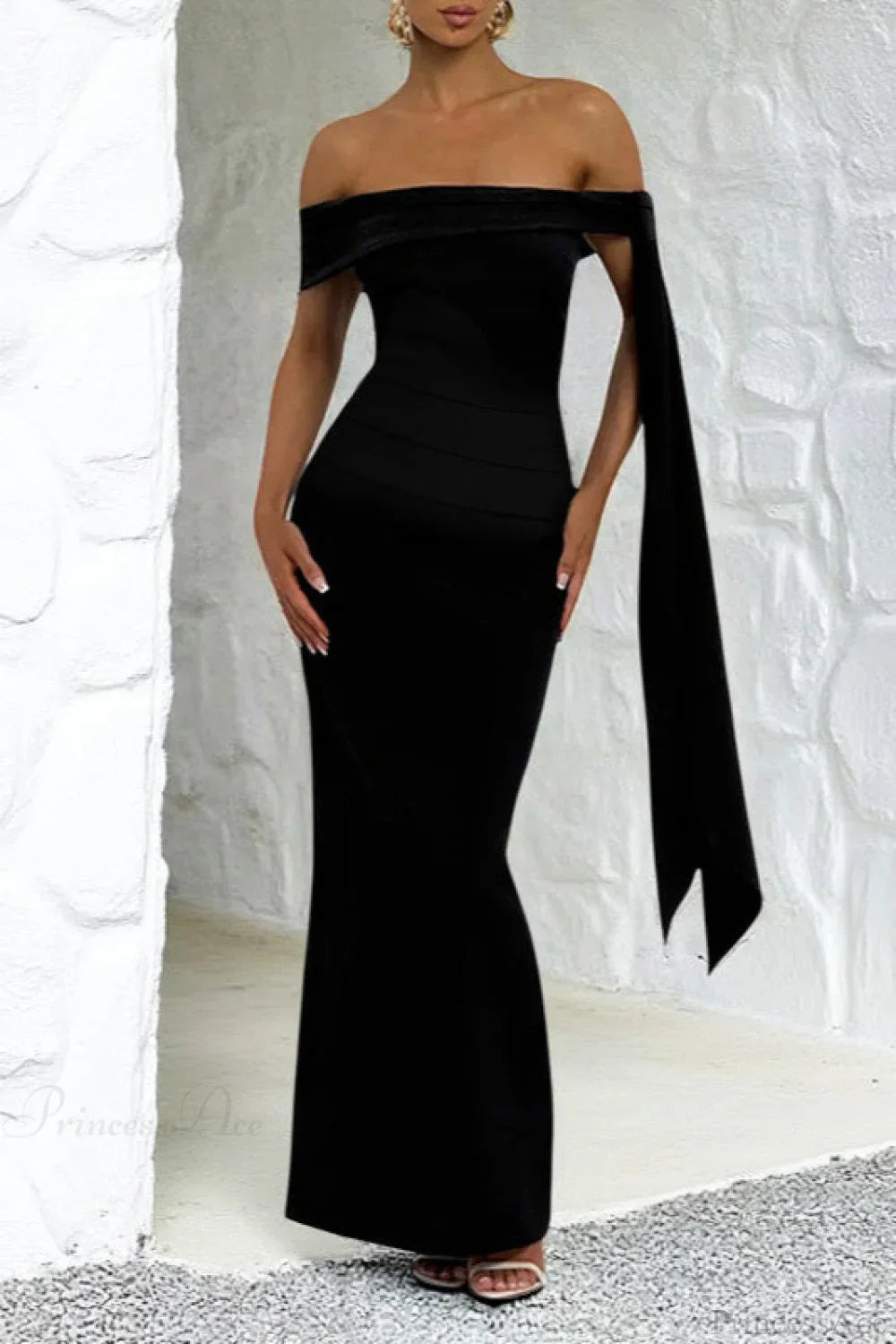 Sash Off Shoulder Split Slim Fitted Maxi Dress image 1