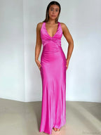 Satin Backless Ruched Vacation Dress image 3