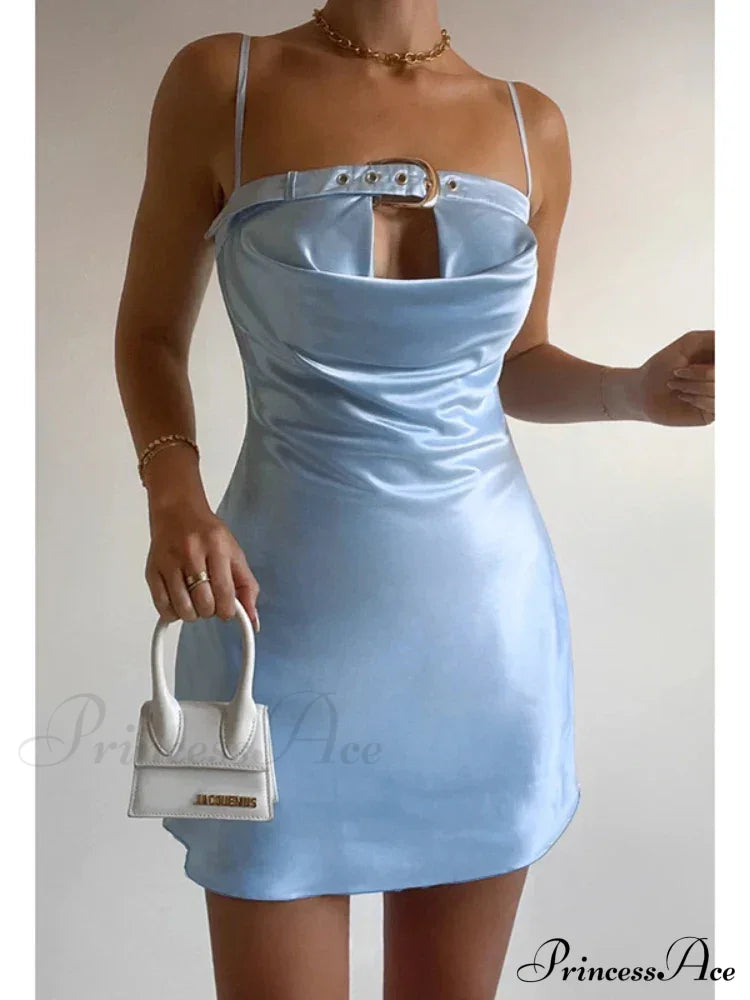 Satin Belted Hollow Cowl Graceful Neck Slip Mini Dress image 2