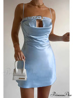Satin Belted Hollow Cowl Graceful Neck Slip Mini Dress image 2