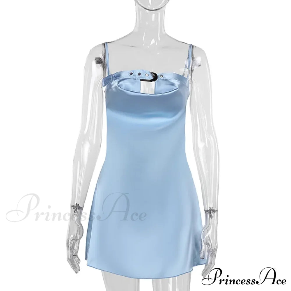 Satin Belted Hollow Cowl Graceful Neck Slip Mini Dress image 6