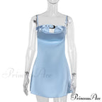 Satin Belted Hollow Cowl Graceful Neck Slip Mini Dress image 6