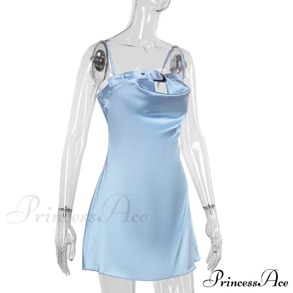 Satin Belted Hollow Cowl Graceful Neck Slip Mini Dress image 7
