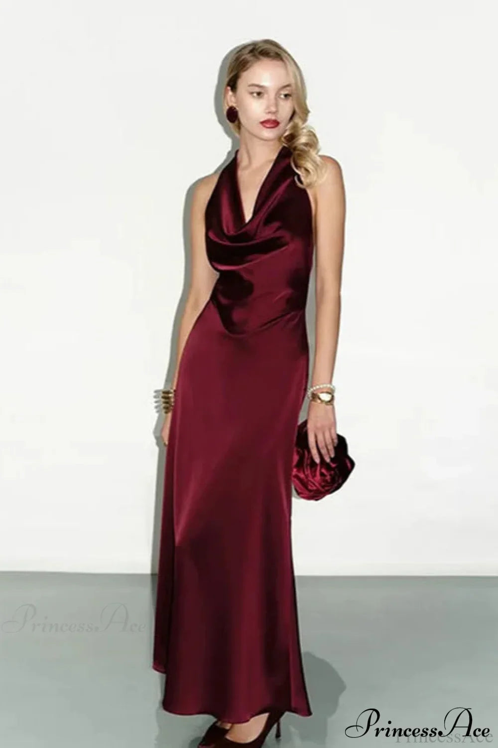 Satin Cowl Neck Halter Backless Slim Maxi Dress image 3