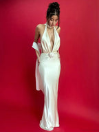 Satin Deep V Neck Vacation Dress image 2
