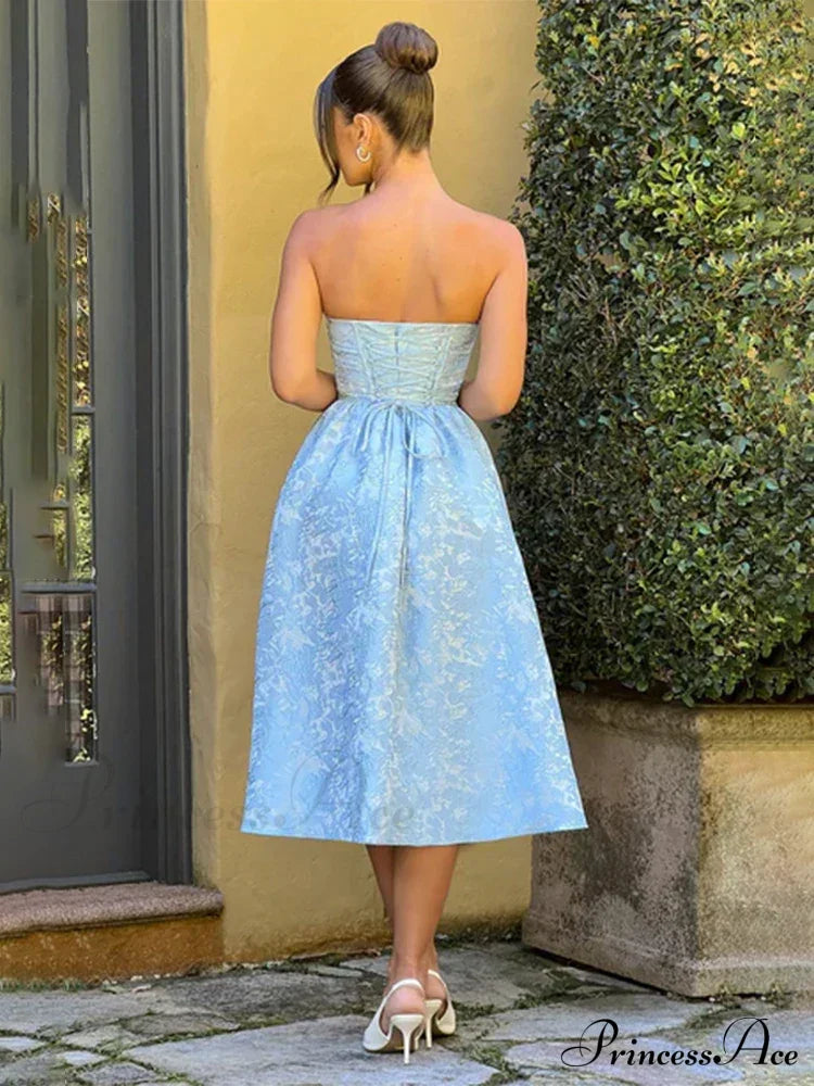 Satin Jacquard Printed Charming Tube Flare Midi Dress image 4