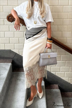 Satin Lace Paneled Side Slit Midi Skirt image 4