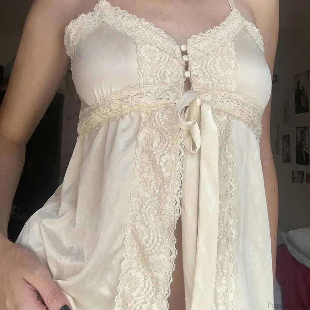 Satin Lace Patchwork Fairycore Front Tie-Up Button Coquette Sleeveless Crop Top image 3