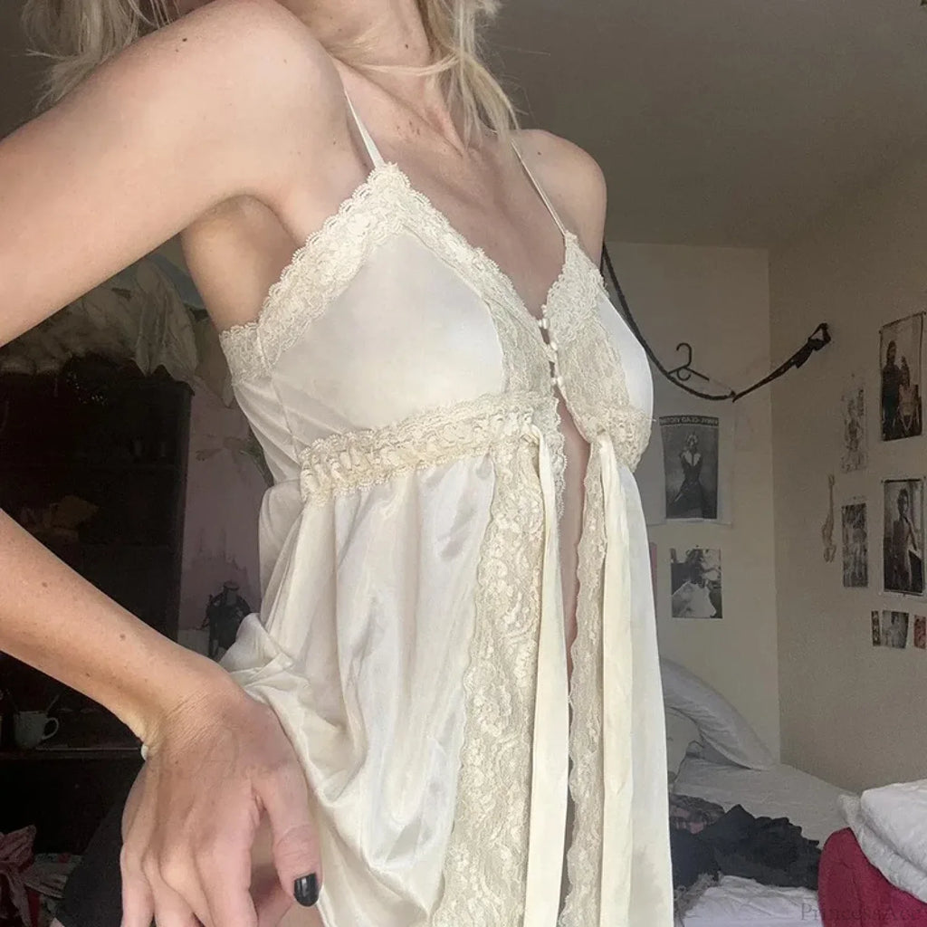 Satin Lace Patchwork Fairycore Front Tie-Up Button Coquette Sleeveless Crop Top image 2