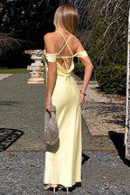 Satin Off Shoulder Backless Tie Cami Maxi Dress image 4